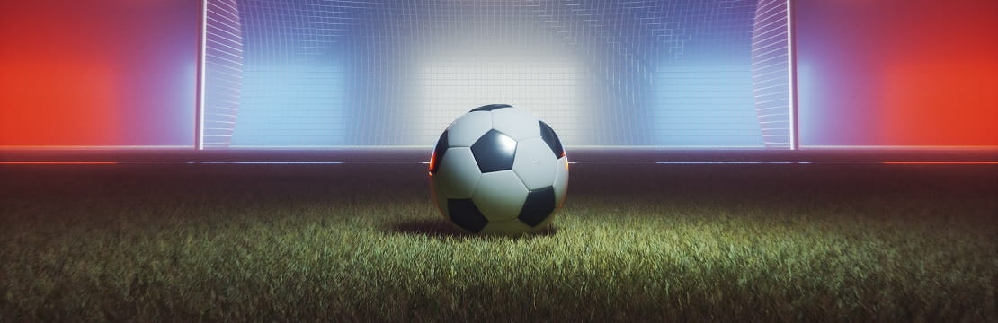 Computer-generated image of a soccer ball and net in a crowded stadium